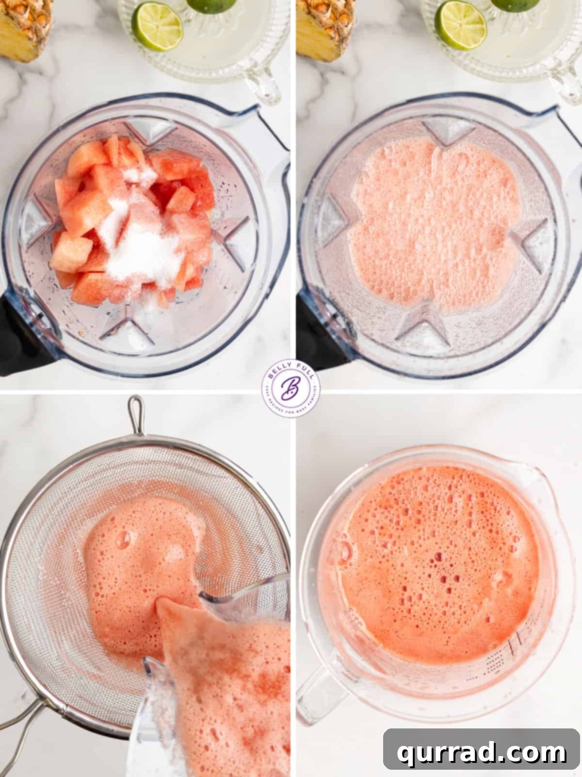 Refreshing Fruit Infusions 3 Close-up shot of pureed, sweetened watermelon being carefully strained through a fine mesh sieve into a large pitcher.