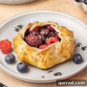 A mini mixed berry galette on a white plate, showcasing its rustic beauty and colorful berry filling.