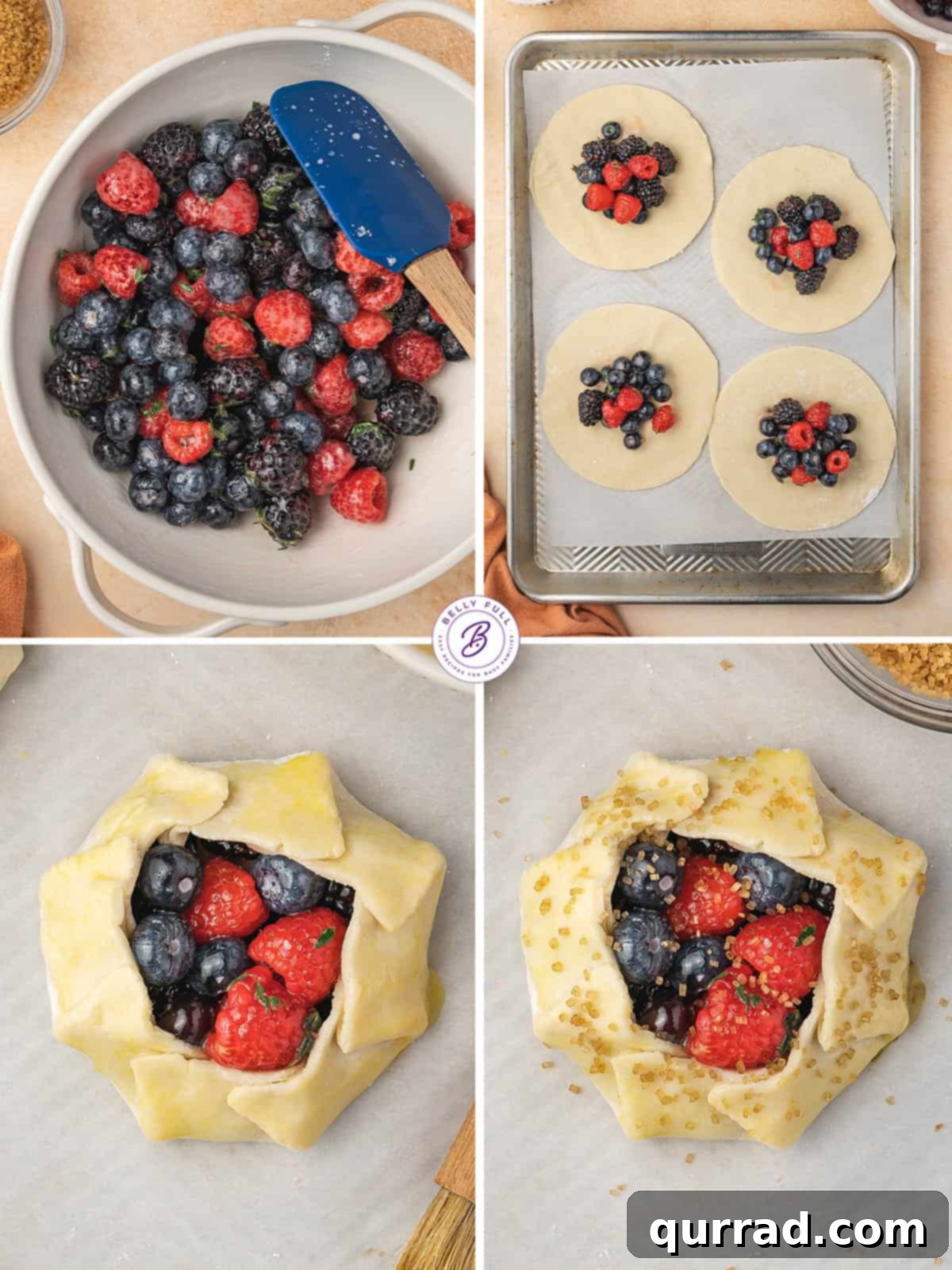 Made with strawberries, blueberries, raspberries, and black berries in a pie crust, these Mini Mixed Berry Galettes are elegant & easy. Process shots showing berries being mixed, crust being cut, and galettes being assembled on a baking sheet.