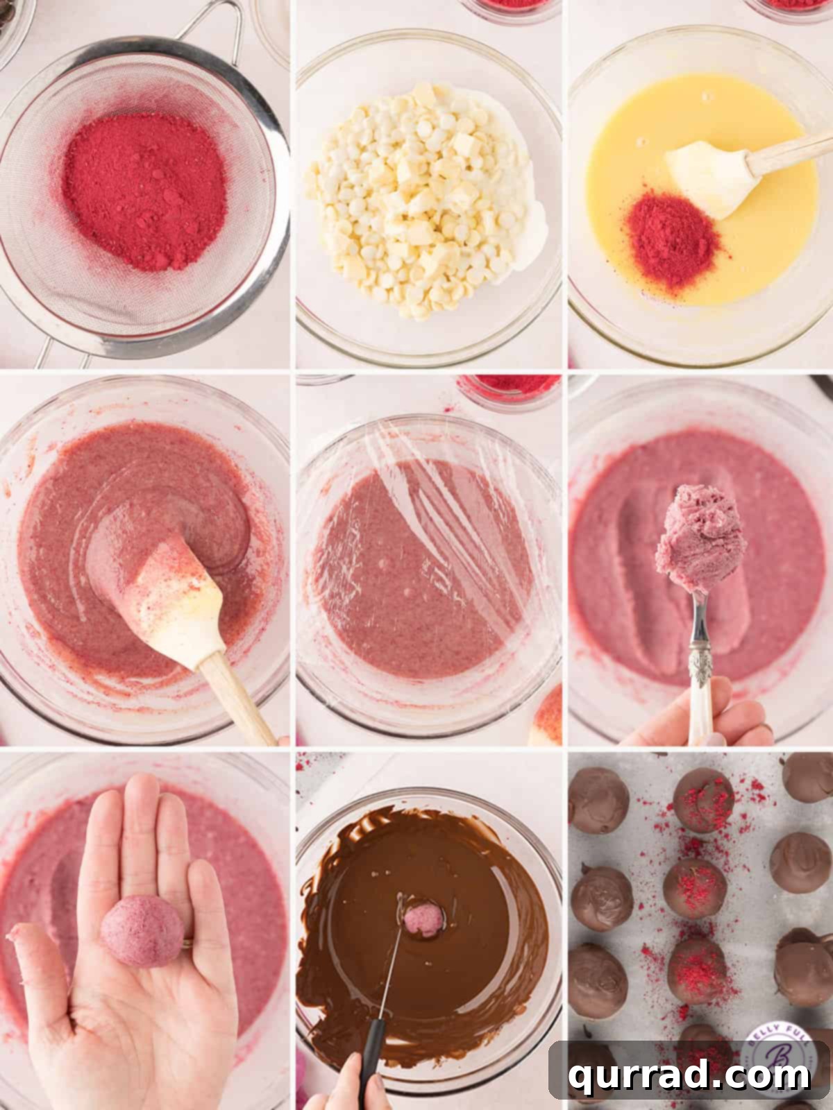Process shots of how to make homemade raspberry truffles
