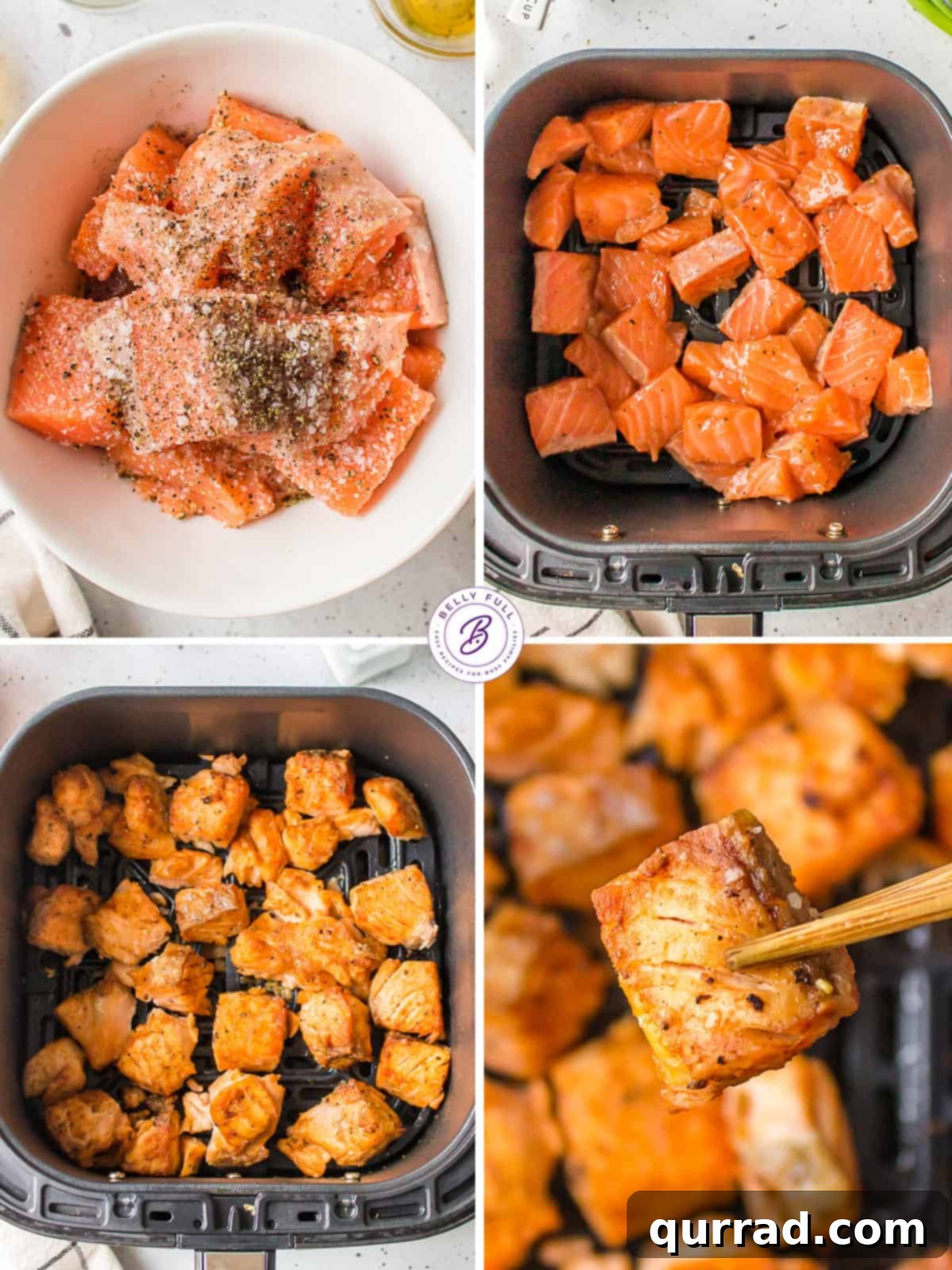 How to Make Air Fryer Salmon Bowls in Minutes Step-by-step process shots showing how to prepare and air fry salmon cubes for a delicious salmon bowl