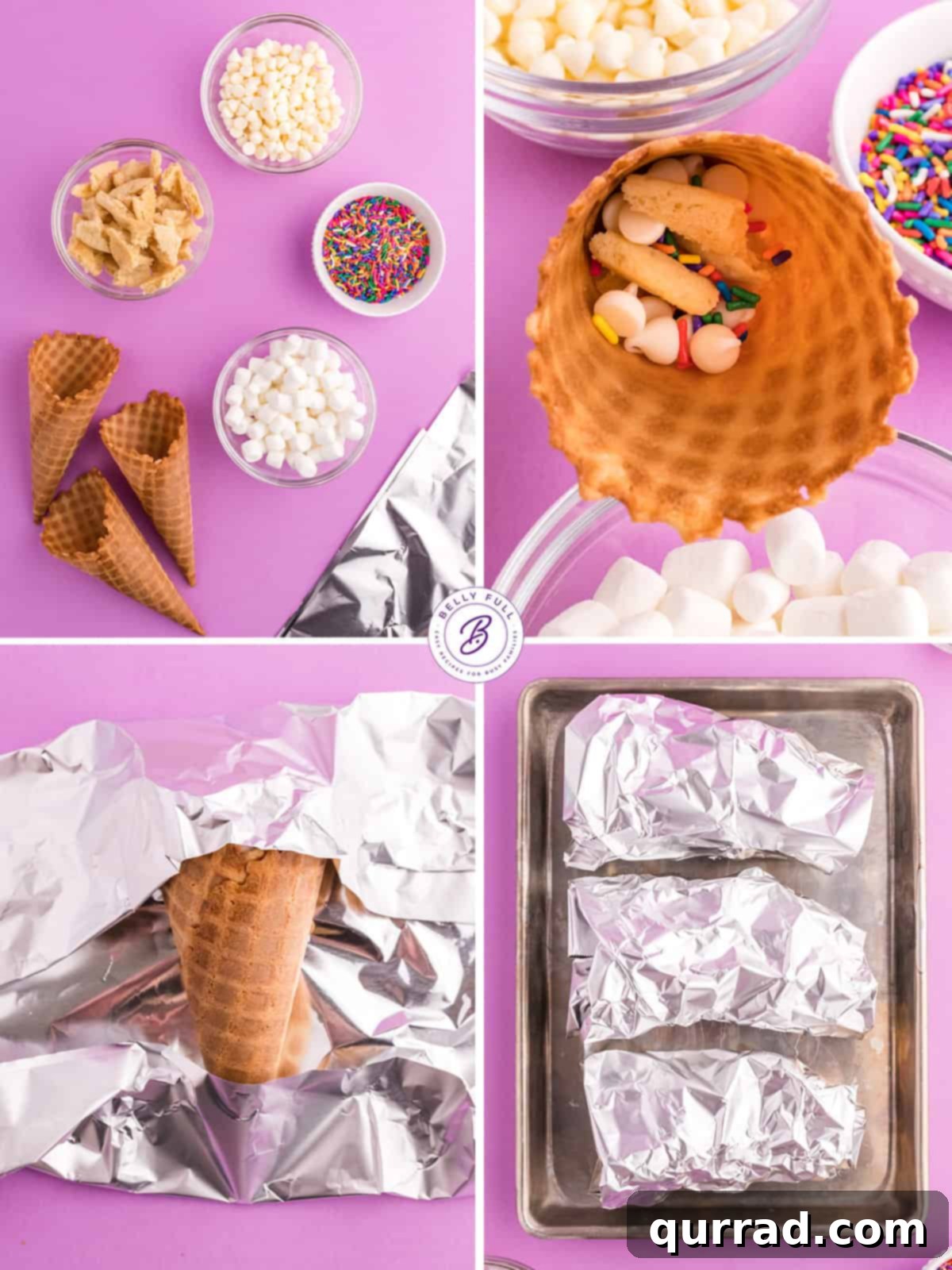 Visual guide: Filling waffle cones with marshmallows, white chocolate chips, and sugar cookies, then wrapping them for a fun treat. Process shots of how to make campfire cones: filling, wrapping, and cooking