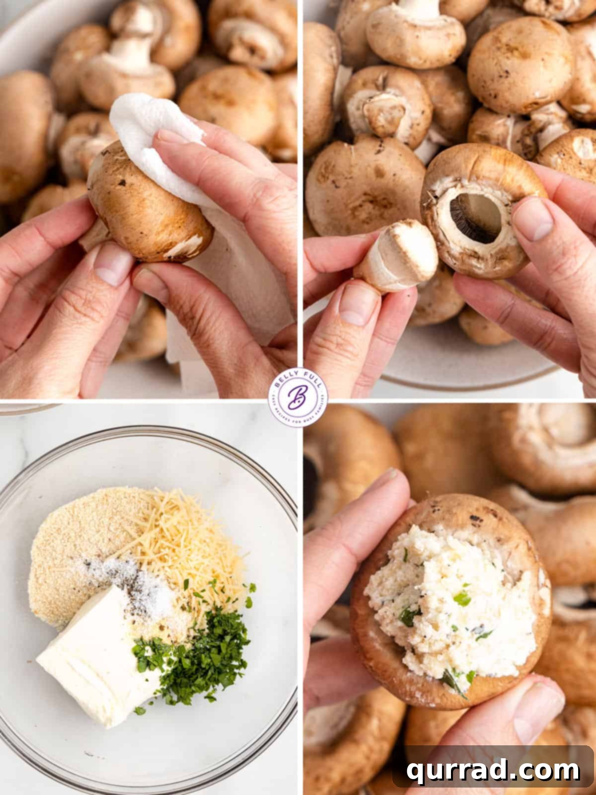 Step-by-step photos illustrating the preparation of stuffed mushrooms. Process shots of how to make stuffed mushrooms step by step