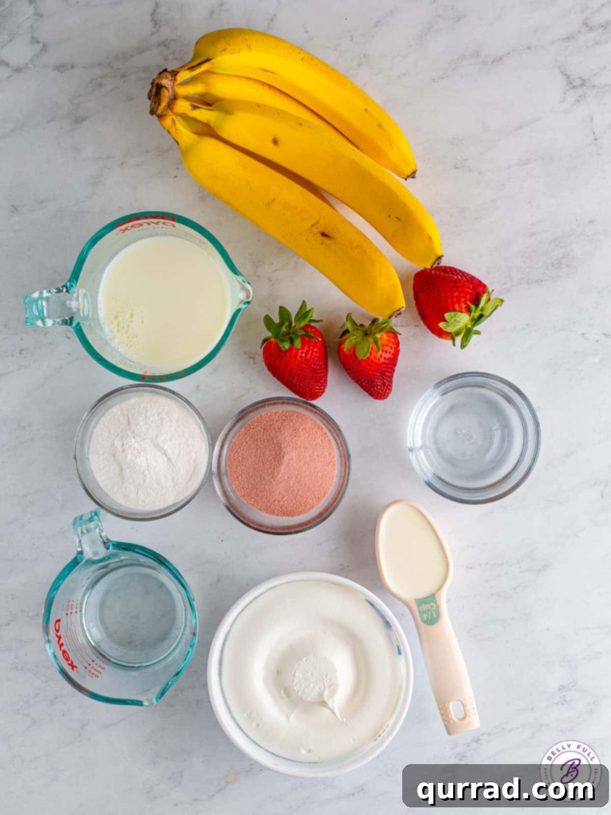 Strawberry Banana Dream Shots 3 ingredients for Strawberry Jello Banana Pudding Shots laid out on a table