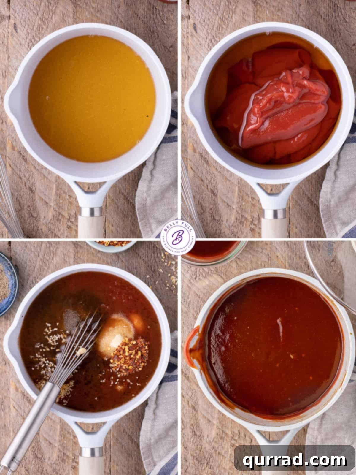 Process shots of how to make bourbon BBQ sauce, showing ingredients in a saucepan.
