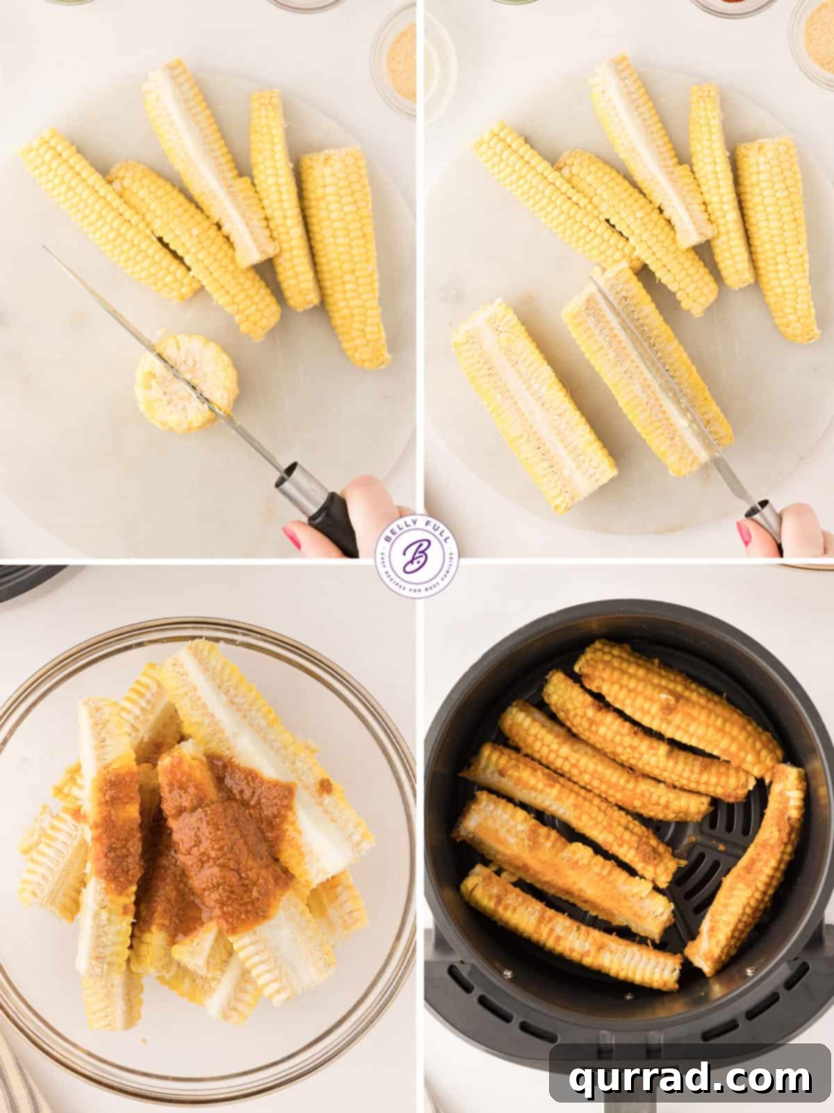 Addictive Air Fryer Corn Ribs 4 Process shots showing how to cut and season corn ribs before air frying