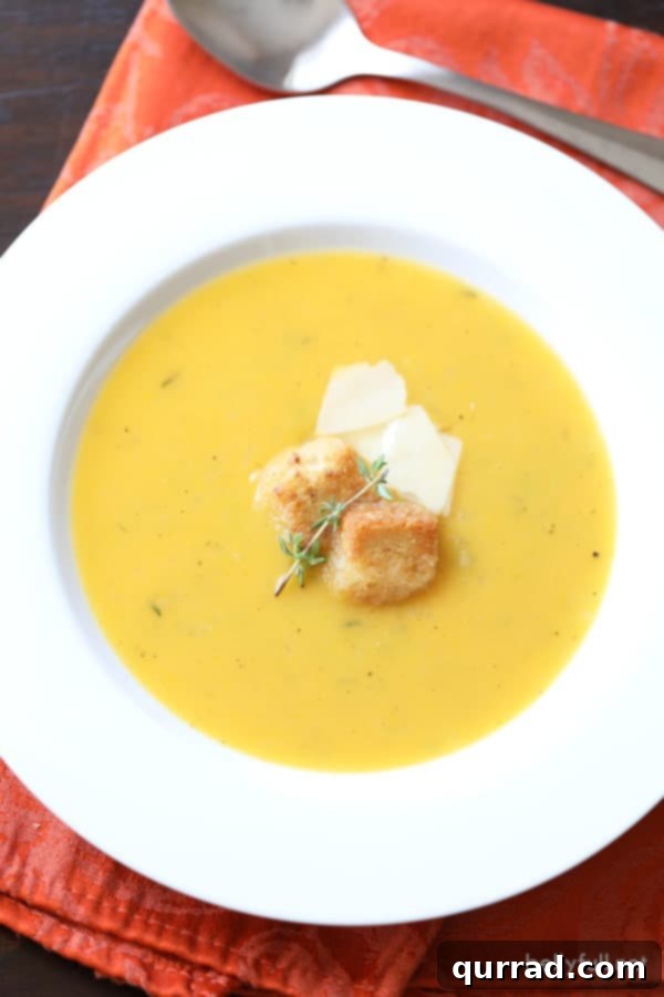 Golden Autumn Butternut Comfort 4 Overhead view of a comforting bowl of Roasted Butternut Squash Soup, garnished with fresh herbs.
