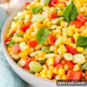 Close up of a bowl of summer succotash ready to serve