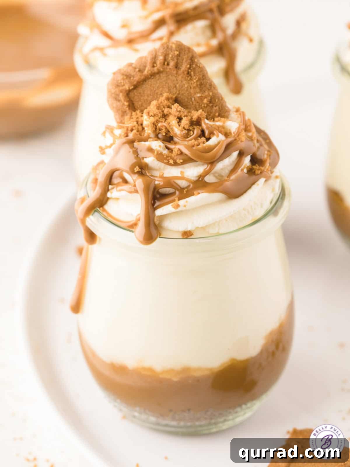 These No-Bake Biscoff Cheesecake Jars are incredibly quick and easy, with no baking required, and prepared in individual servings. A cheesecake jar topped with Biscoff, showcasing layers of creamy filling and cookie crust.