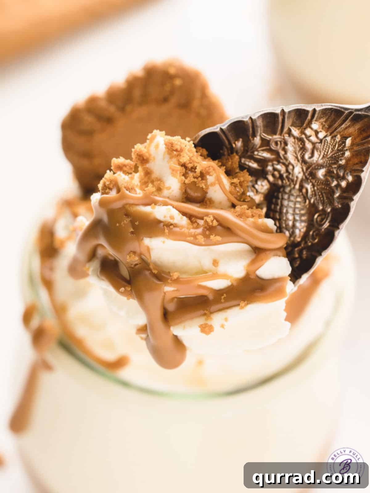 These No-Bake Biscoff Cheesecake Jars are incredibly quick and easy, with no baking required, and prepared in individual servings. Close up of a biscoff cheesecake jar, showing the beautiful layers and crumbly topping.