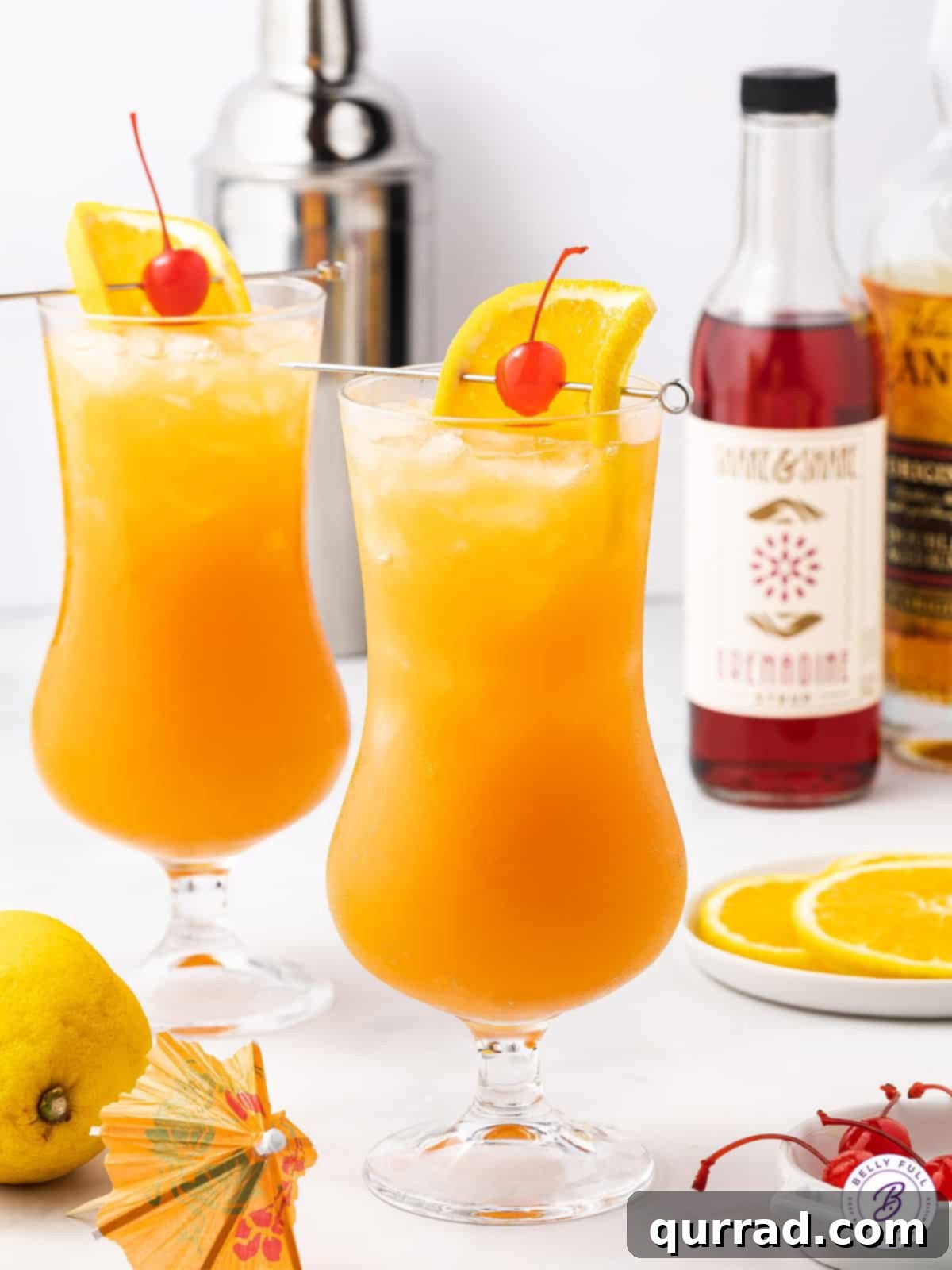 Experience the iconic New Orleans Hurricane Drink – a vibrant blend of fruit juices, multiple liquors, and grenadine for the ultimate rum cocktail. A hurricane cocktail garnished with an orange slice and cherry, set against a warm, inviting background.