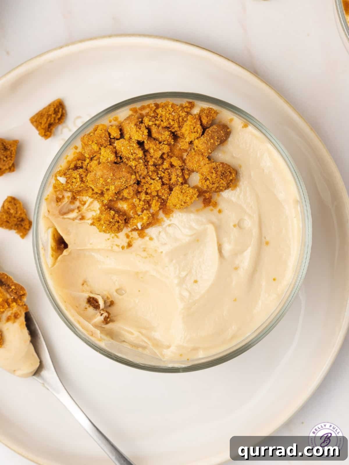 Overhead view of a beautiful Biscoff cookie butter yogurt bowl, garnished with cookie crumbles.