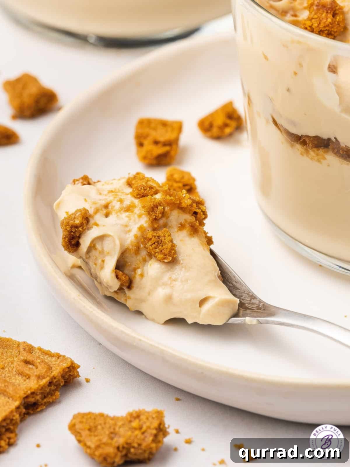 A spoon with a perfect bite of Biscoff cookie butter yogurt bowl, showing creamy yogurt and cookie crumbles.