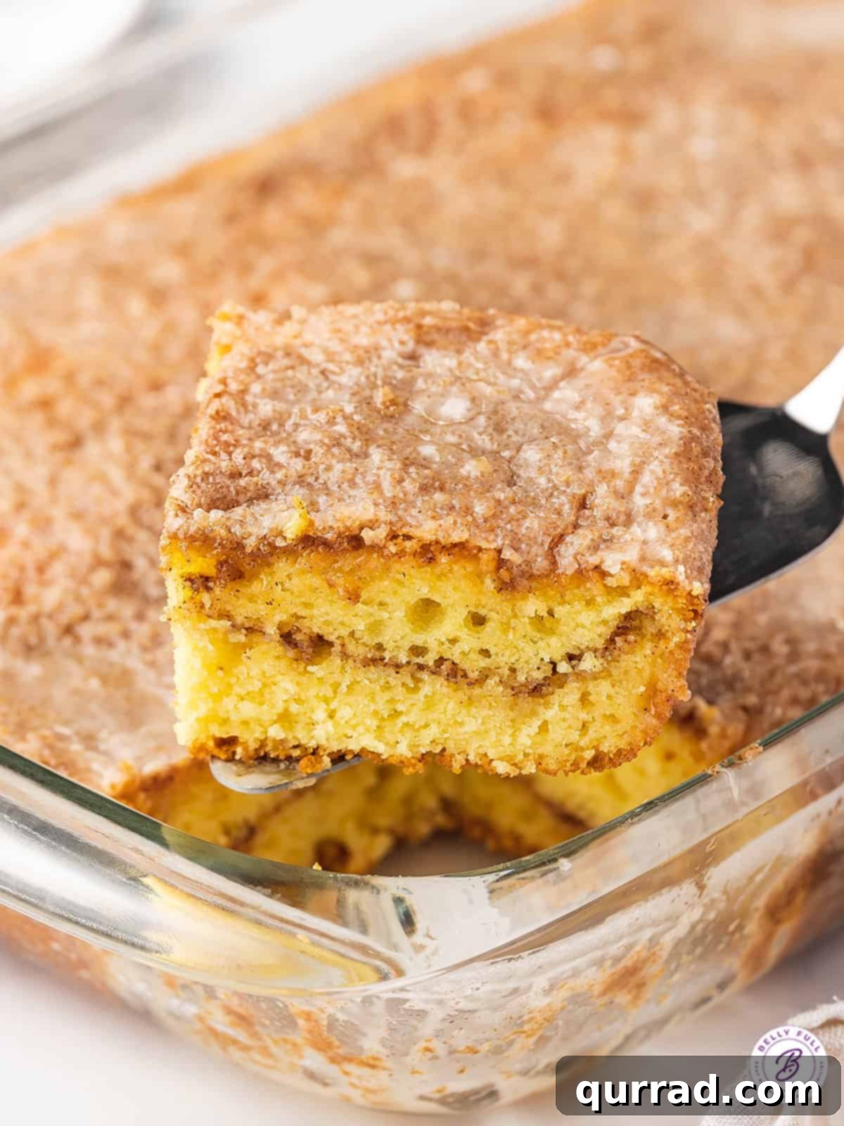 Iced yellow cake with a cinnamon swirl, presented on a serving spatula, ready to be enjoyed.