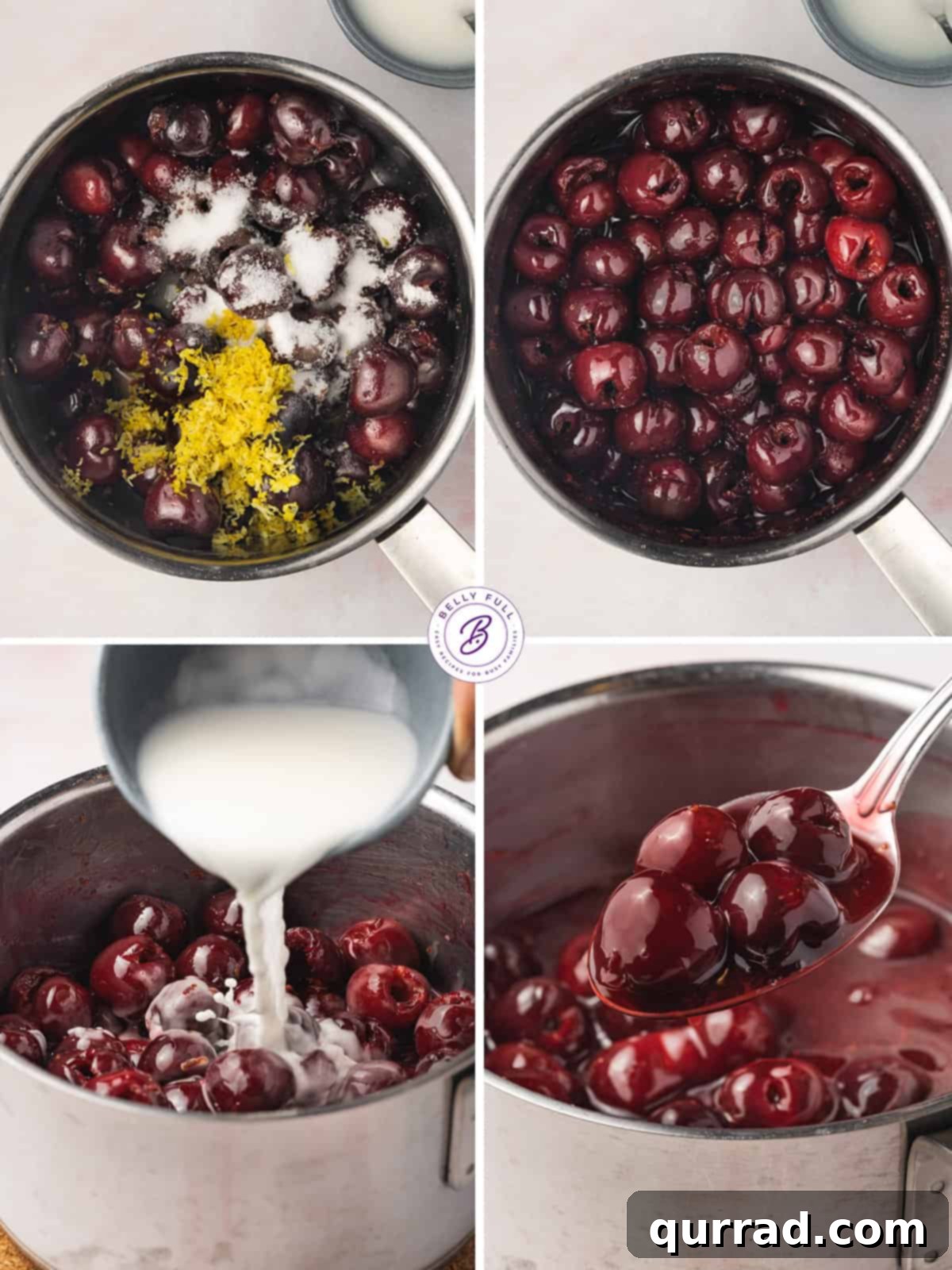 Process shots showing how to combine ingredients, simmer cherries, and thicken the pie filling.