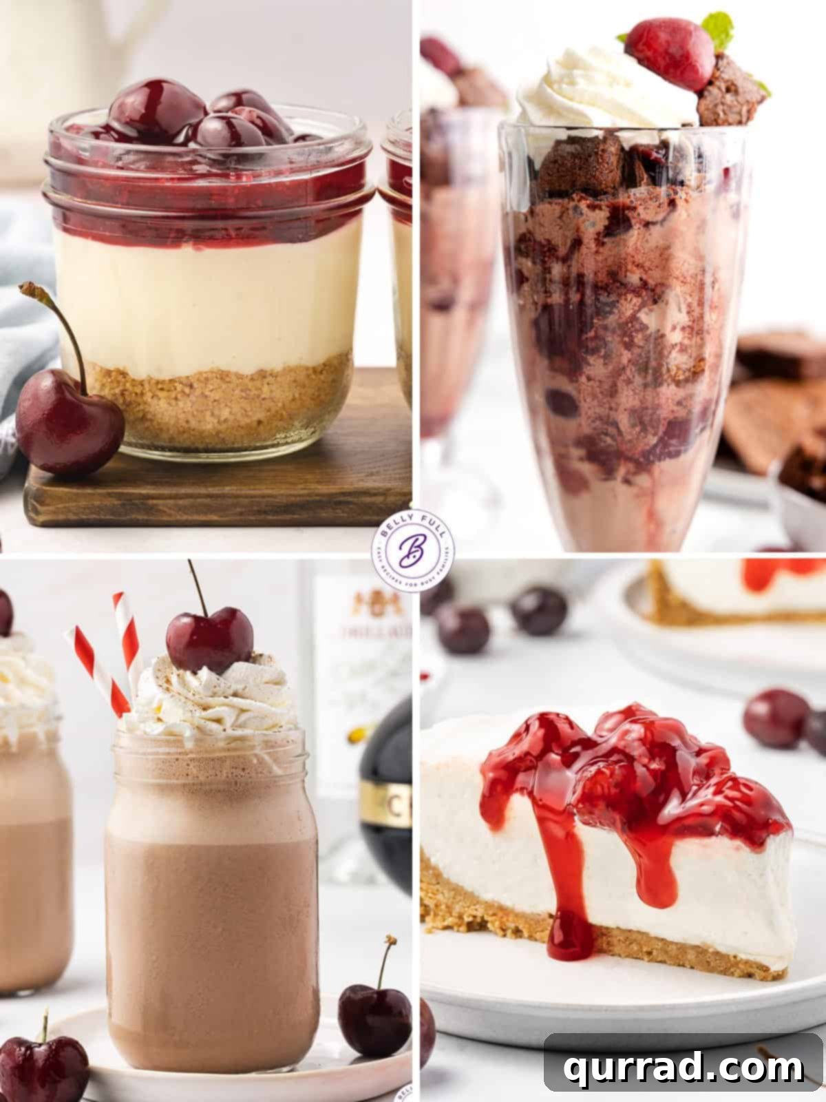 A collage of various desserts featuring homemade cherry topping: pie, cheesecake, parfaits, and ice cream sundaes.