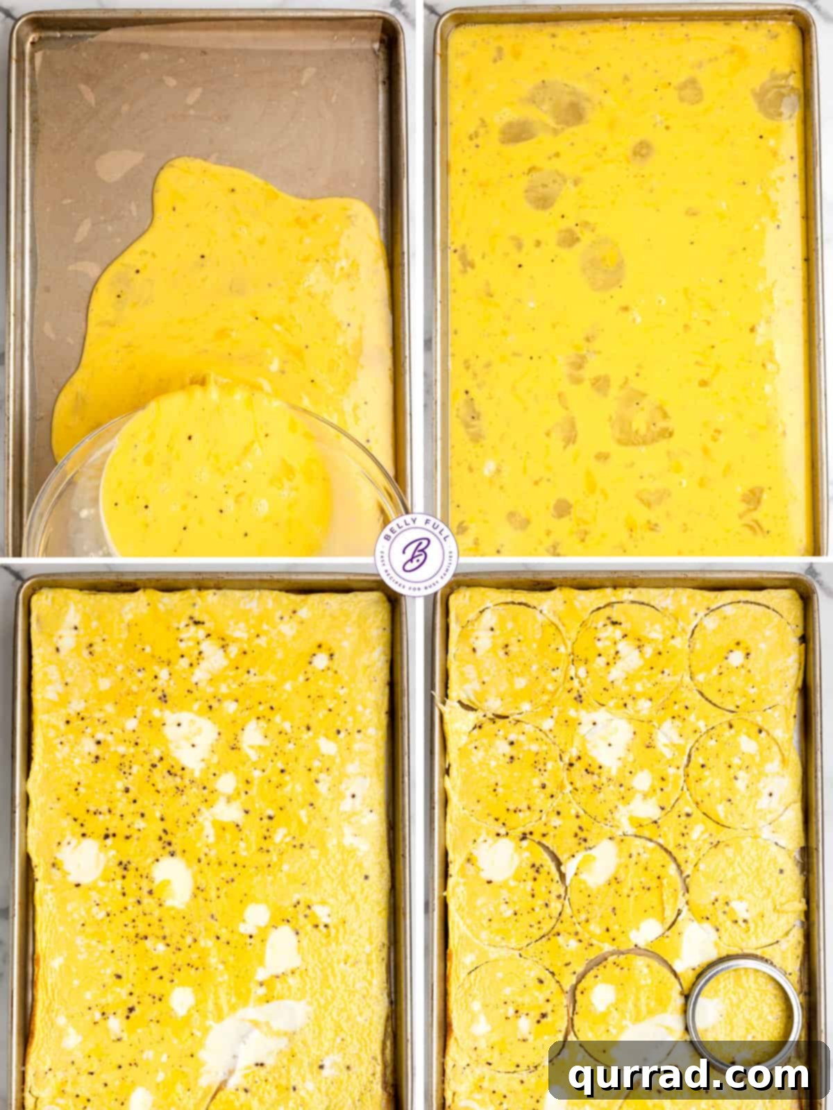 Made with egg, cheese, and breakfast meat on an English muffin, these Freezer Breakfast Sandwiches are perfect for busy mornings. Process shots of how to make eggs for breakfast sandwiches, showing whisked eggs in a pan.