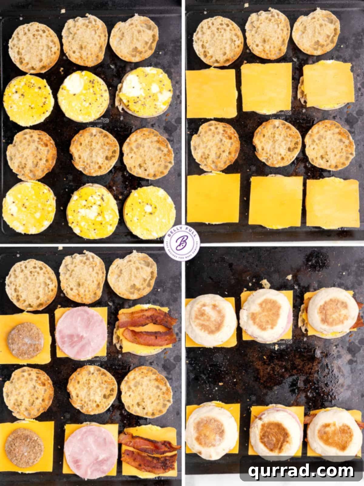 Made with egg, cheese, and breakfast meat on an English muffin, these Freezer Breakfast Sandwiches are perfect for busy mornings. Process shots of how to make meal prep breakfast sandwiches, showing assembly.