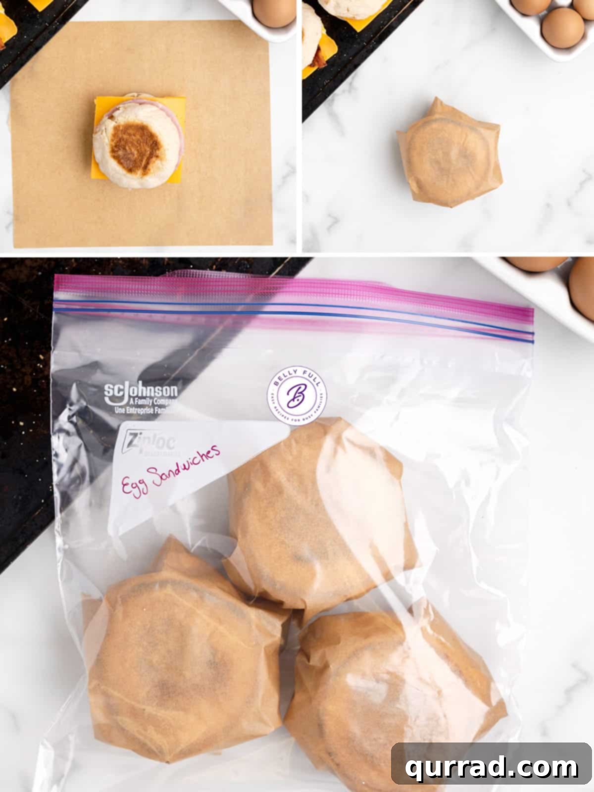 Made with egg, cheese, and breakfast meat on an English muffin, these Freezer Breakfast Sandwiches are perfect for busy mornings. Process shots of how to wrap freezer breakfast sandwiches in parchment paper.