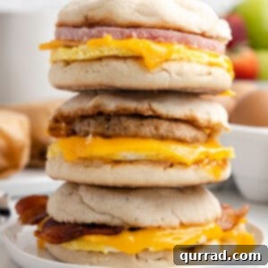 Prep-Ahead Breakfast Sandwiches 2 A stack of three freezer breakfast sandwiches