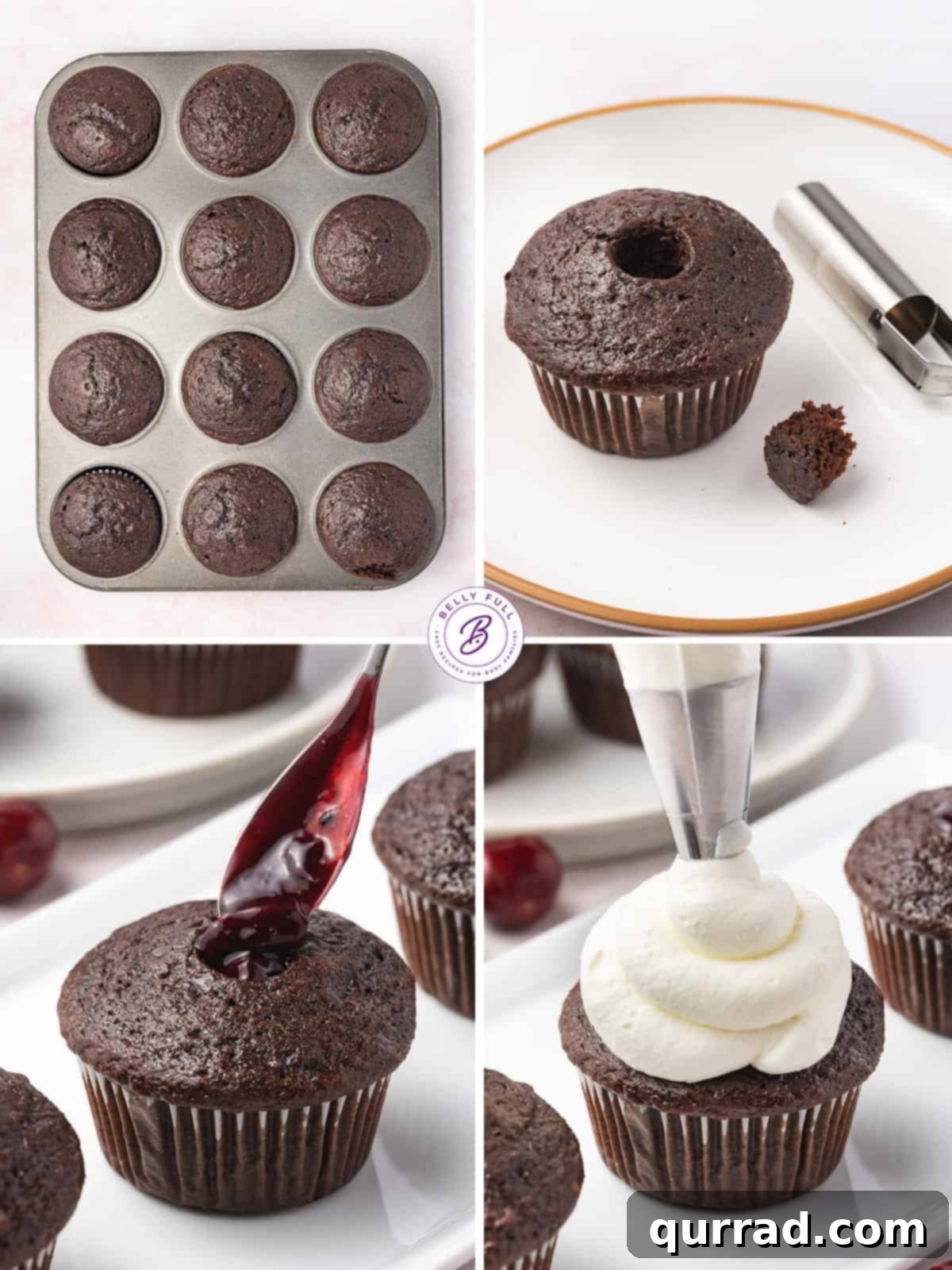 Process shots of how to make black forest cupcakes