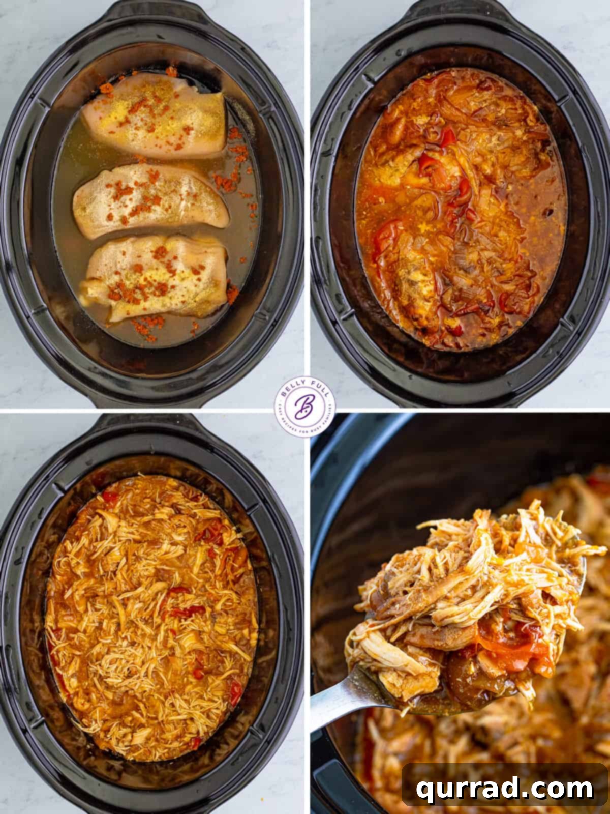 Process shots of how to make slow cooker chicken tacos, showing ingredients being added to the pot.