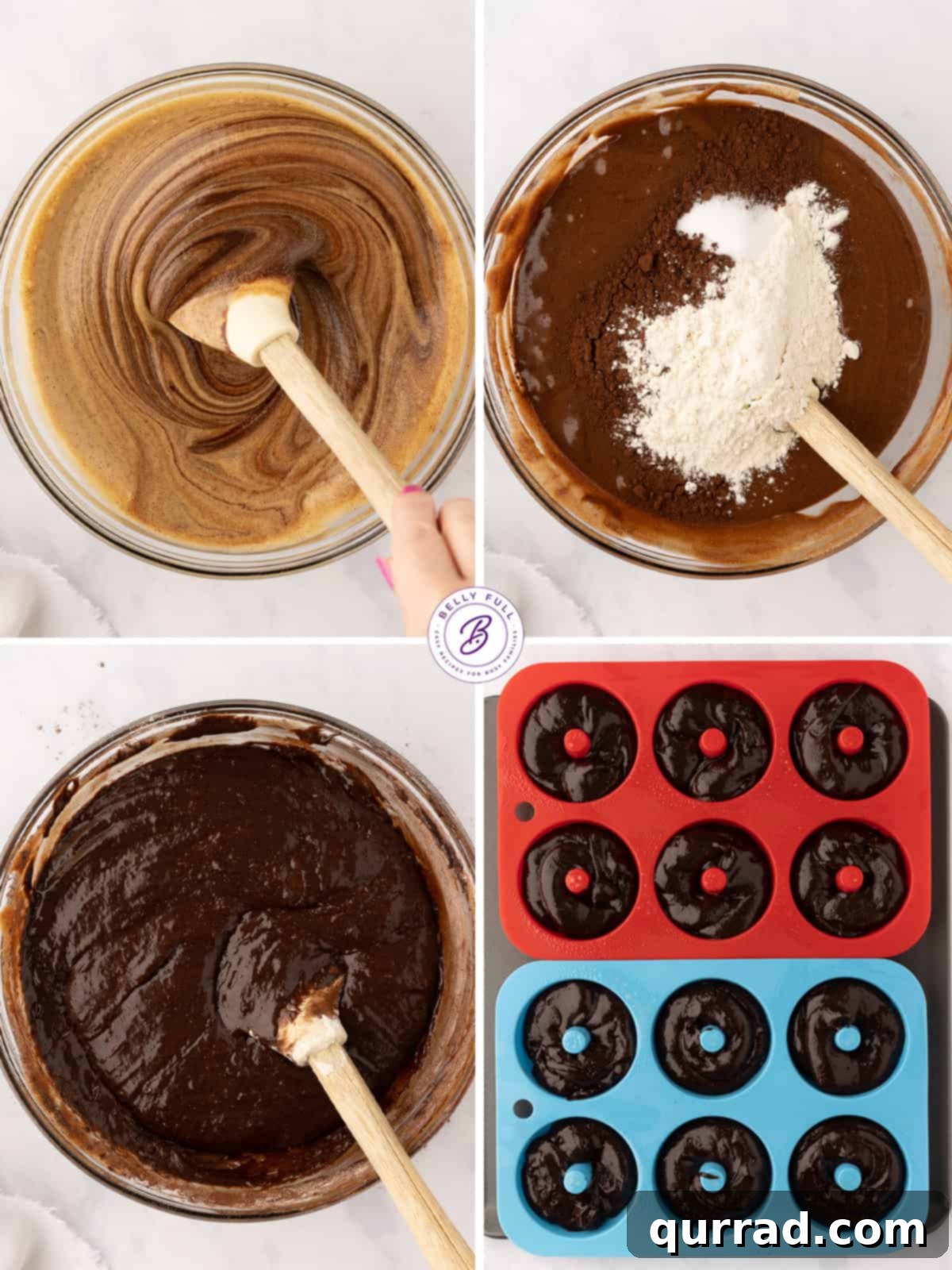 Process shots demonstrating how to prepare brownie donuts, showing ingredients and mixing steps