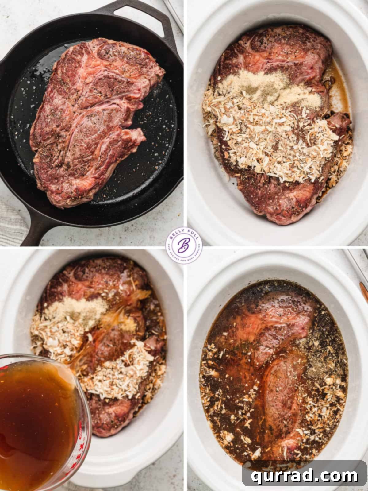 A step-by-step visual guide showing the process of making French Dip sandwiches in a crockpot, from searing the beef to assembling the sandwiches.