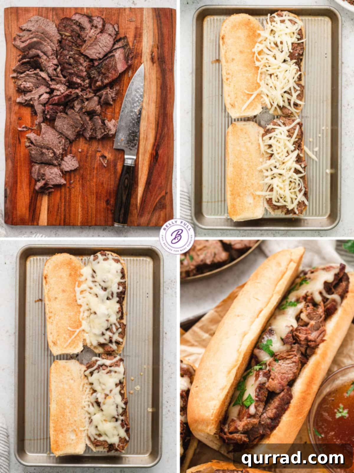The final step of making French dip sandwiches, showing the delicious beef and cheese-filled rolls ready to be served with au jus.