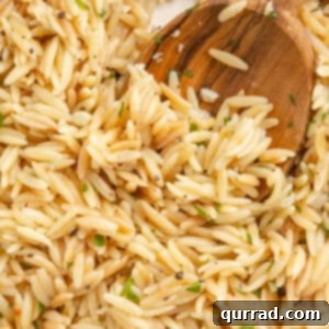 A wooden spoon stirring lemon butter orzo