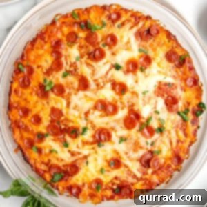Overhead view of a round dish of pizza dip