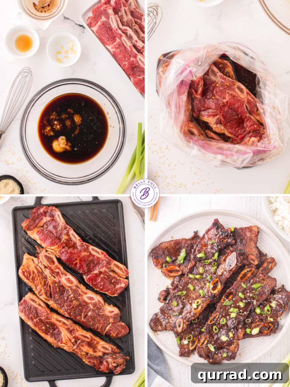 Essential Ingredients for Authentic Kalbi Ingredients for Korean Short Ribs laid out on a cutting board, including flanken ribs, soy sauce, brown sugar, garlic, ginger, sesame oil, and mirin.