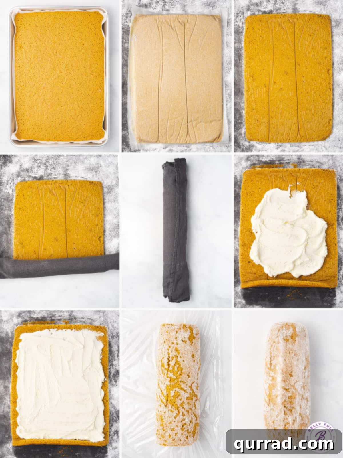 A step-by-step visual guide to making pumpkin roll cake, showing the mixing of ingredients, spreading batter, and the initial rolling of the warm cake.