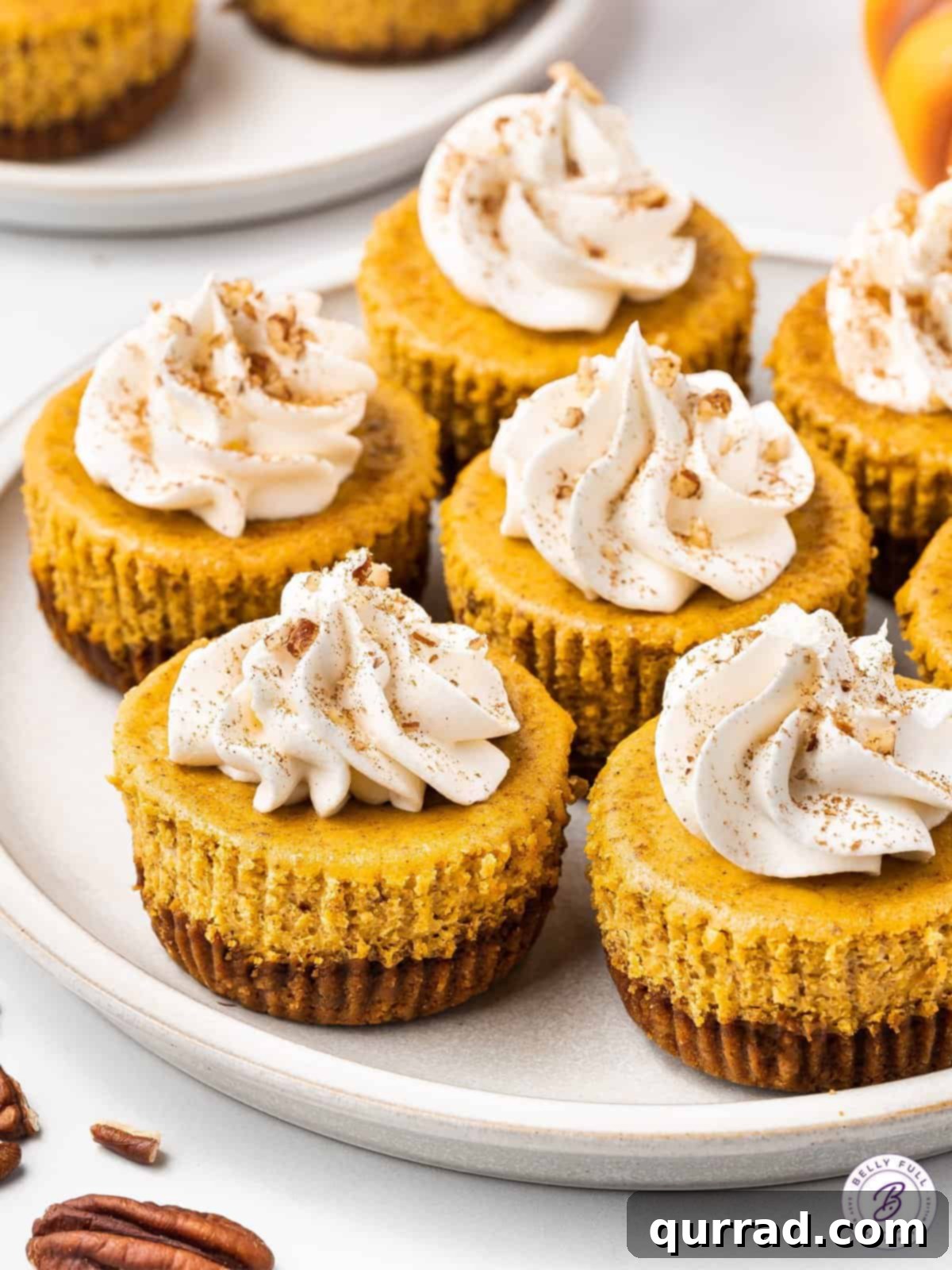 These Mini Pumpkin Cheesecakes feature a smooth, creamy pumpkin cheesecake filling in a gingersnap crust. Bite-sized and irresistible! A stunning plate of perfectly baked mini pumpkin cheesecakes with golden gingersnap crusts, ready for serving.