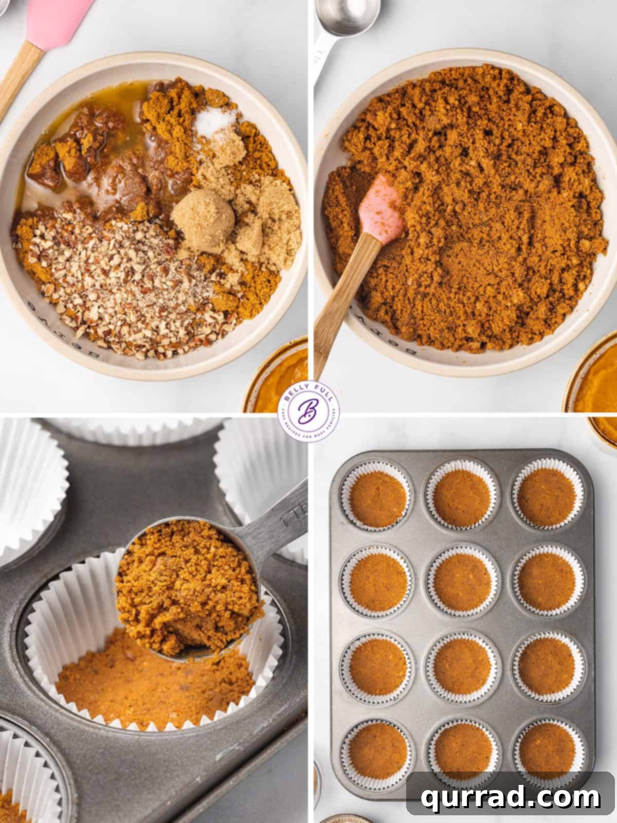These Mini Pumpkin Cheesecakes feature a smooth, creamy pumpkin cheesecake filling in a gingersnap crust. Bite-sized and irresistible! A step-by-step process shot showing gingersnap cookies being crushed and mixed with melted butter to form a cohesive crust mixture for mini cheesecakes.