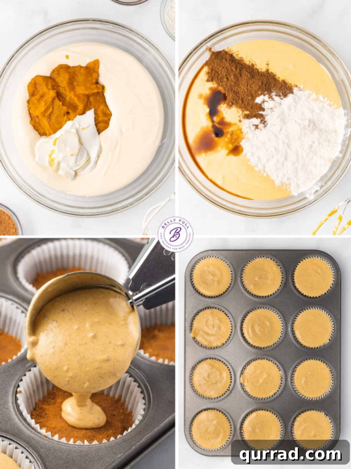 These Mini Pumpkin Cheesecakes feature a smooth, creamy pumpkin cheesecake filling in a gingersnap crust. Bite-sized and irresistible! Another process shot demonstrating the smooth, creamy consistency of the pumpkin cheesecake filling before it's scooped into muffin liners for baking.