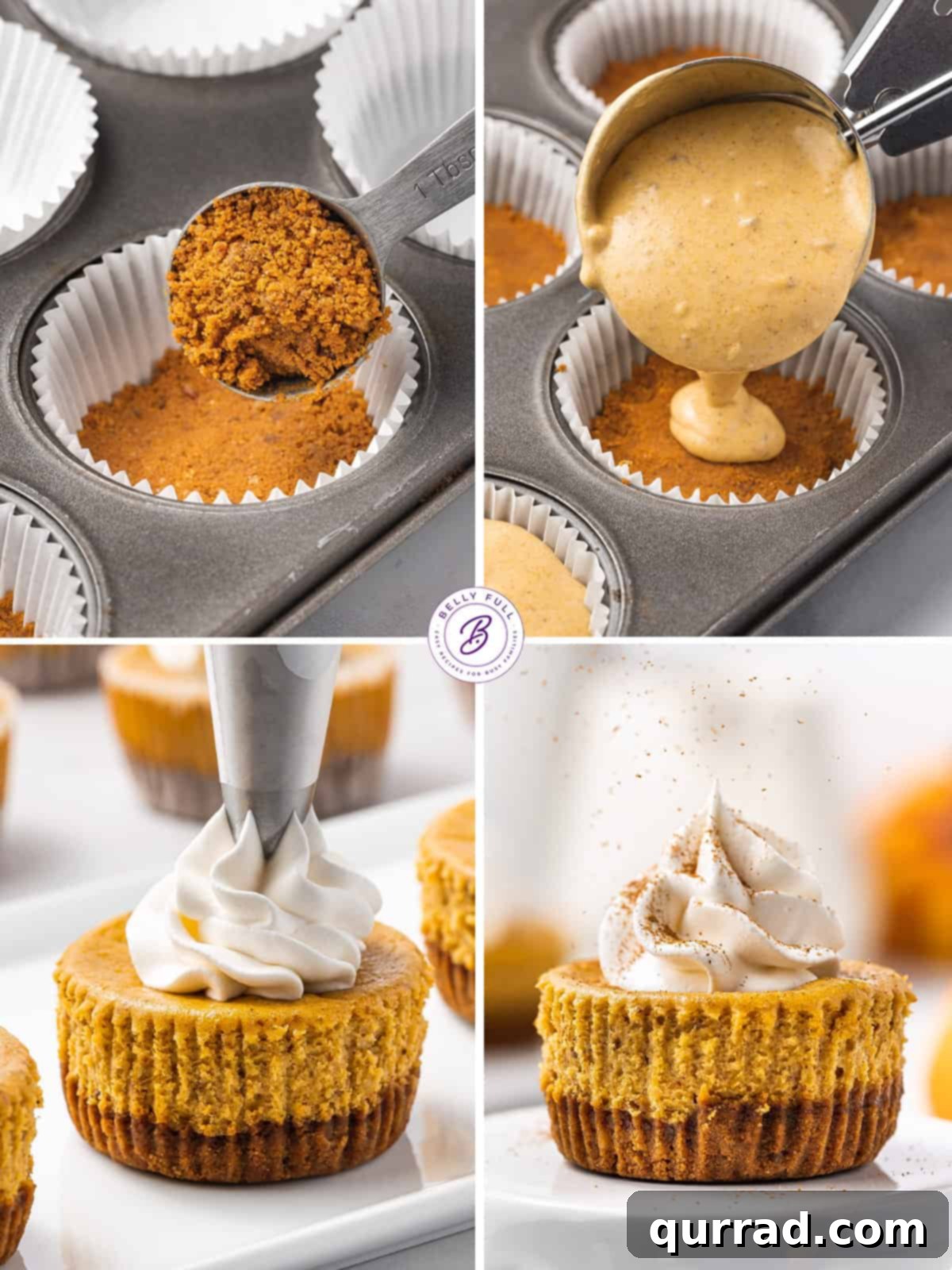 These Mini Pumpkin Cheesecakes feature a smooth, creamy pumpkin cheesecake filling in a gingersnap crust. Bite-sized and irresistible! A perfectly arranged batch of baked mini pumpkin cheesecakes, cooling down before the final decorative toppings are added.