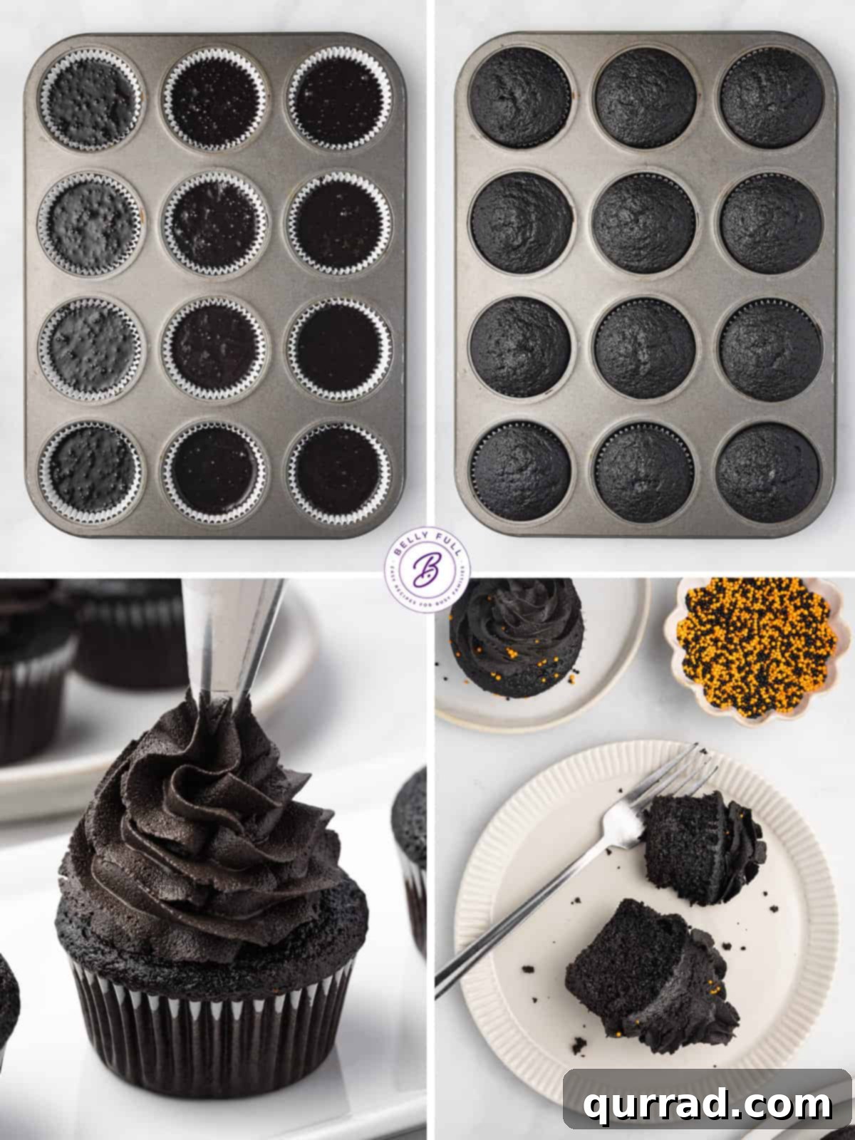 Process shots of how to make black velvet cupcakes