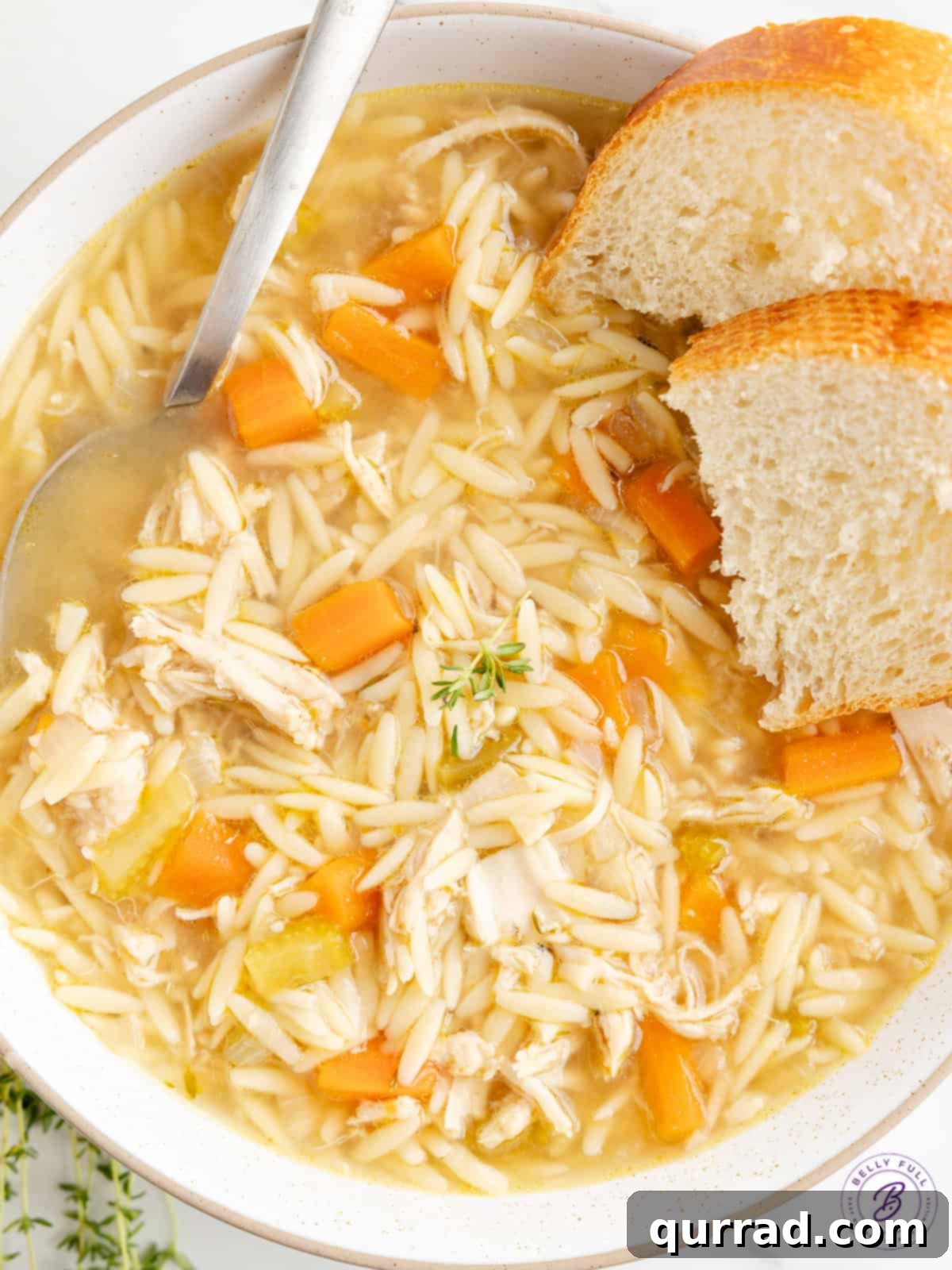 Zesty Lemon Chicken Orzo Soup 2 A steaming bowl of vibrant Lemon Chicken Orzo Soup, garnished with fresh herbs and a lemon slice, with a rustic slice of bread on the side.