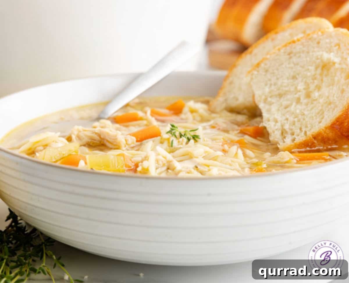 Zesty Lemon Chicken Orzo Soup 3 A closer view of a bowl of Lemon Chicken Orzo Soup, highlighting the shredded chicken and orzo pasta, with a lemon wedge and fresh parsley.