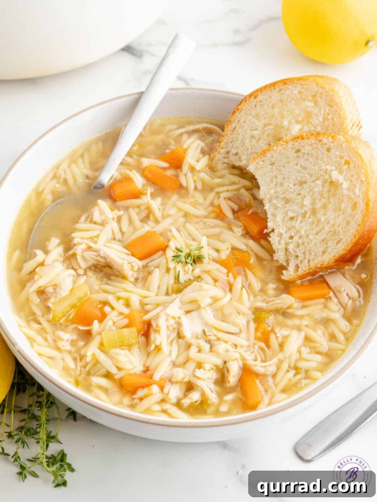 Zesty Lemon Chicken Orzo Soup 5 A perfectly plated bowl of Lemon Chicken Orzo Soup, ready to be enjoyed, with visible chicken pieces and orzo pasta.