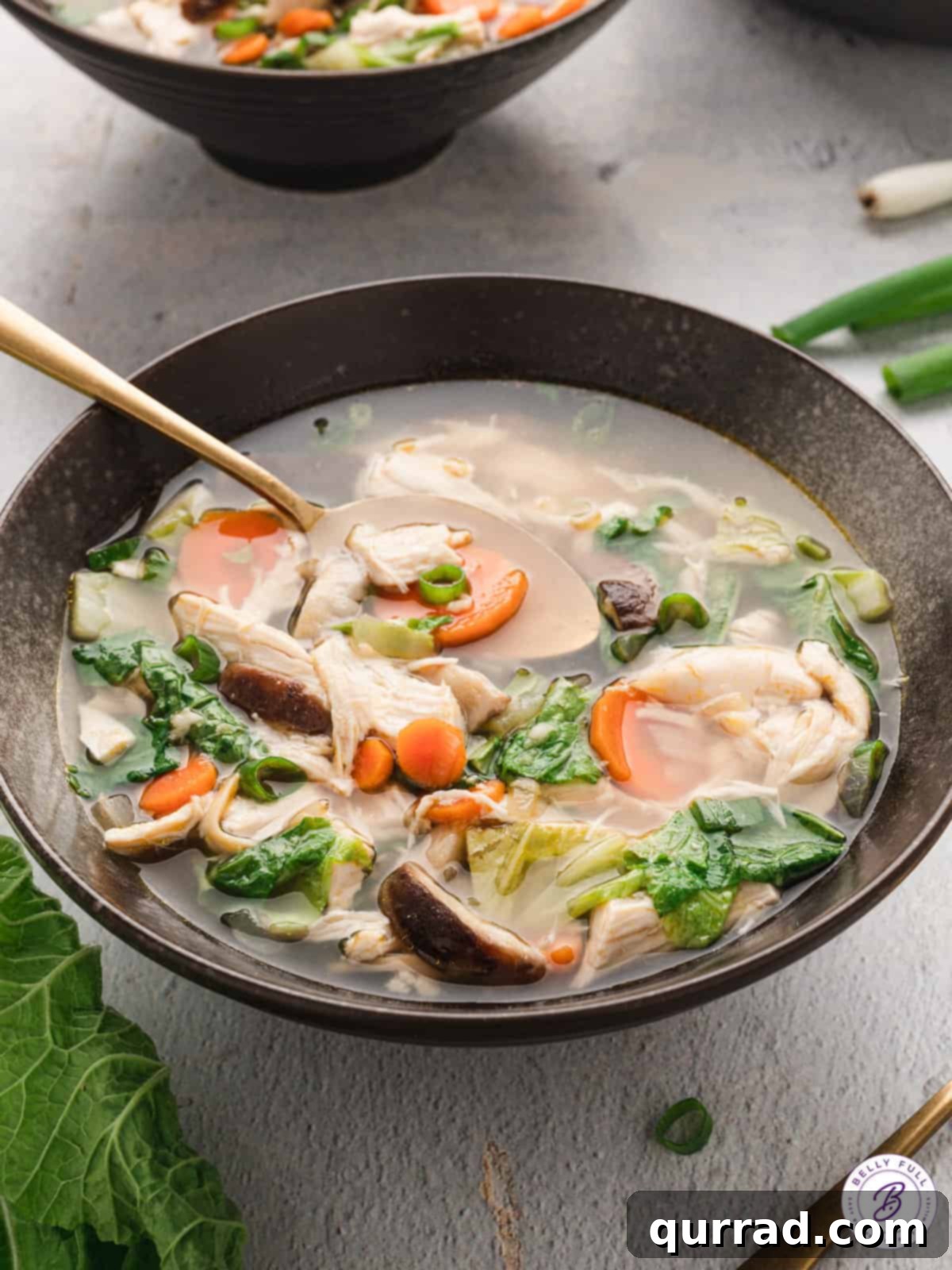 Wholesome Chicken Vegetable Miso Soup A black bowl of chicken and vegetable miso soup, garnished with fresh green onions