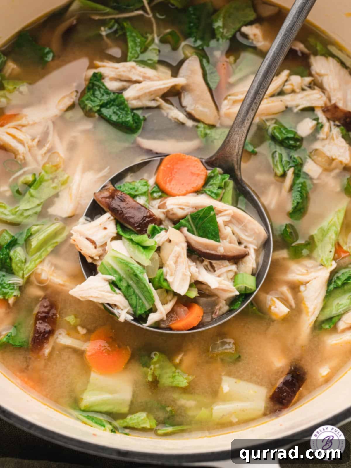 Quick & Healthy Chicken Miso Soup A ladle serving a portion of chicken and vegetable miso soup from a pot