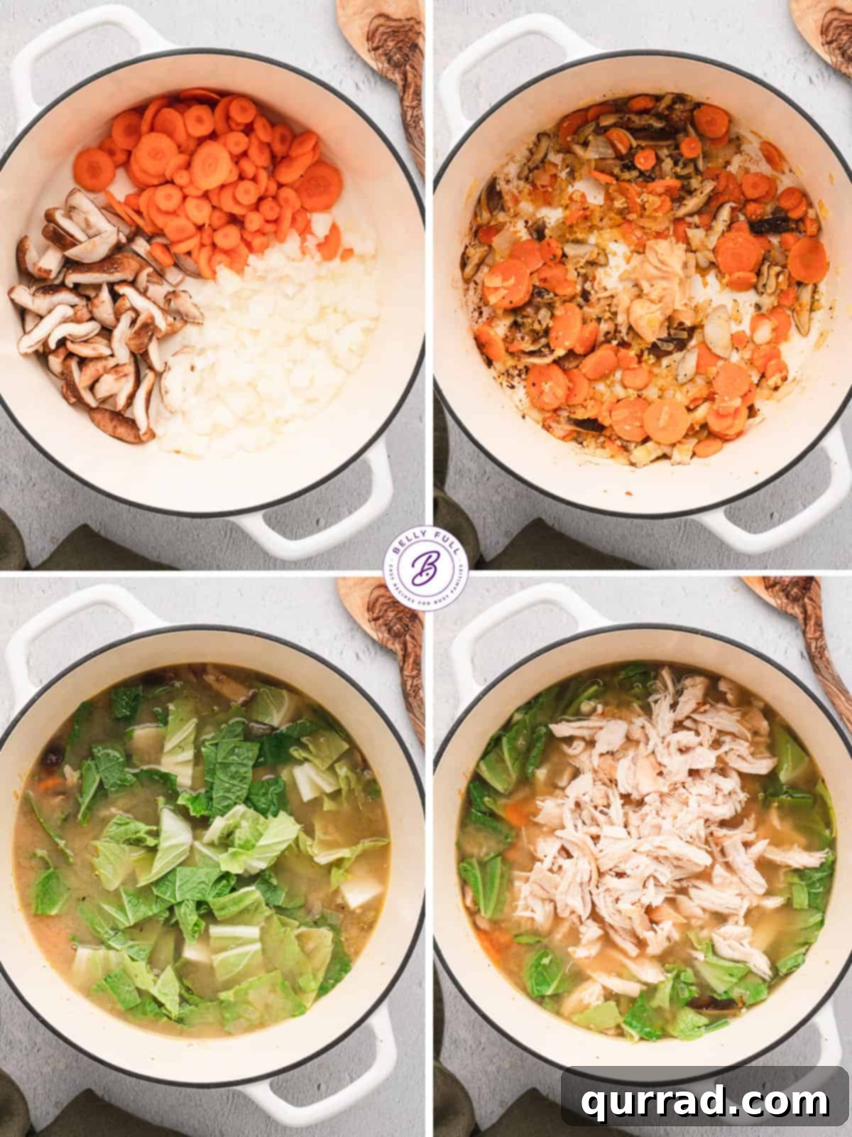 Chicken Miso Soup Process Step-by-step process of making chicken and vegetable miso soup, showing ingredients being sautéed