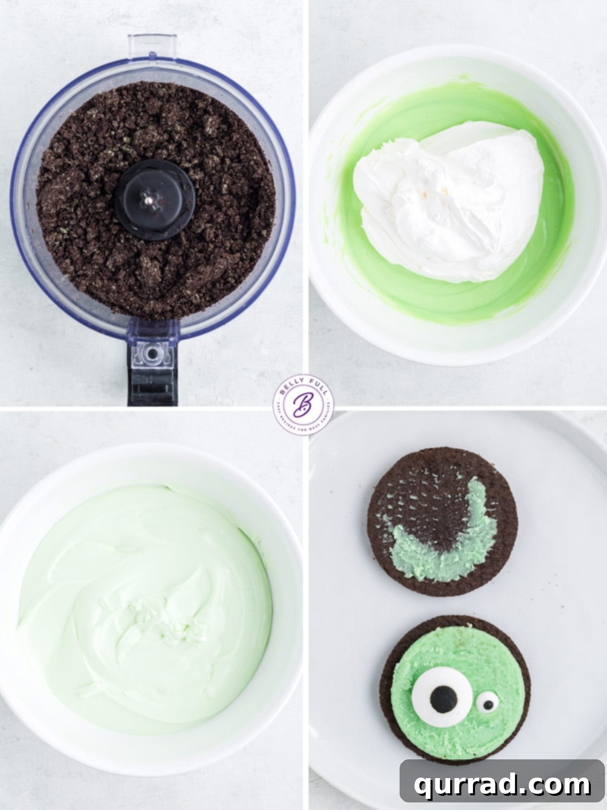 Process shots showing how to make zombie dirt pudding cups, including crushing cookies, mixing pudding, and layering ingredients.