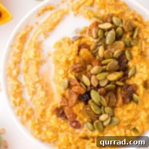Golden Pumpkin Spice Oatmeal 2 A bowl of pumpkin oatmeal topped with seeds and nuts, ready for serving.