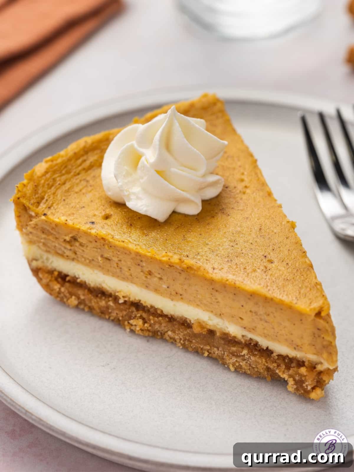 A beautifully presented slice of layered pumpkin cheesecake on a white plate, showcasing distinct layers of graham cracker crust, vanilla cheesecake, and spiced pumpkin cheesecake.