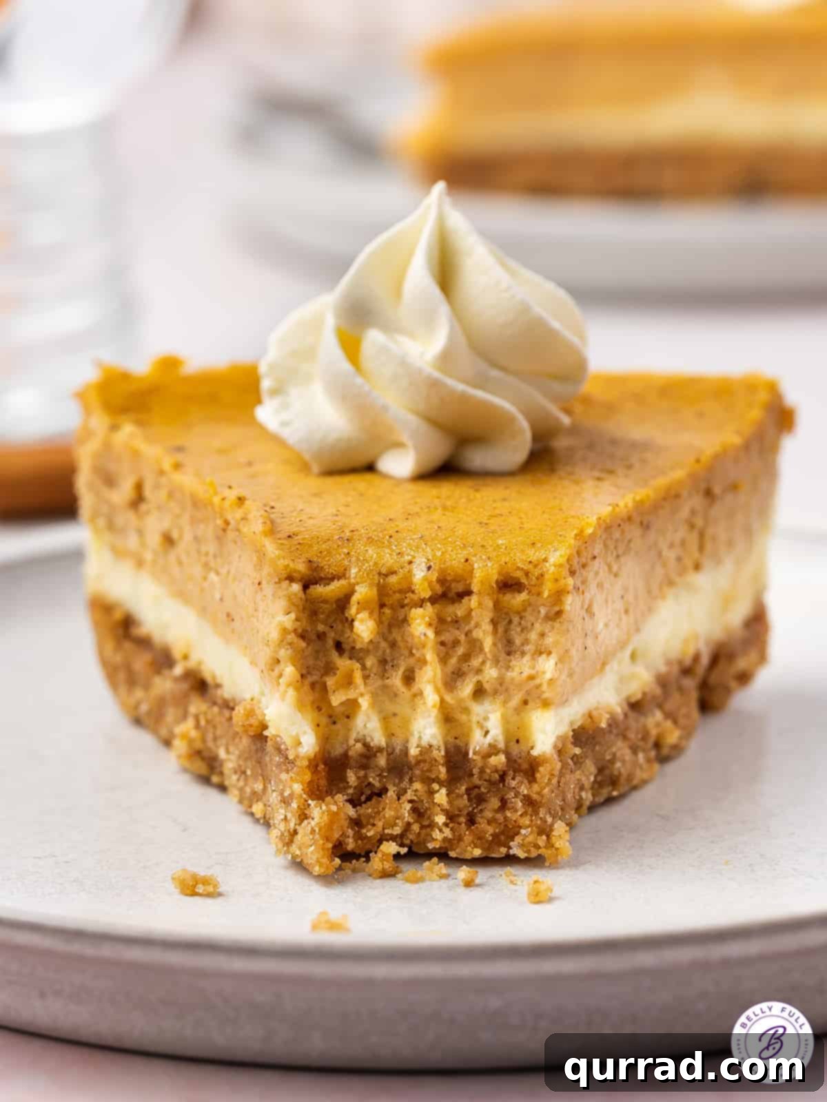 A front view of a precisely cut slice of pumpkin cheesecake, clearly showing the distinct, contrasting layers.