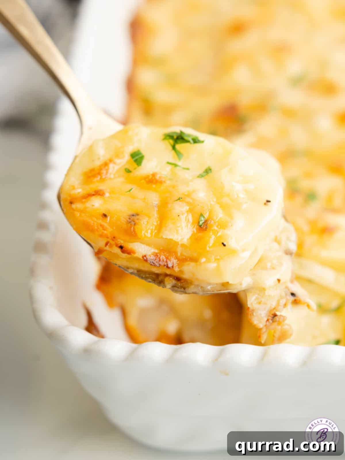 Irresistible Au Gratin Potatoes: Your New Favorite Side Dish A close-up of a serving spoon holding a portion of creamy au gratin potatoes, showing the layered texture and rich cheese sauce.