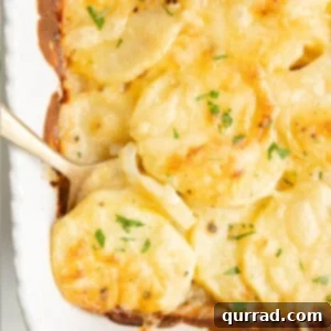 A spoon in a casserole dish of au gratin potatoes
